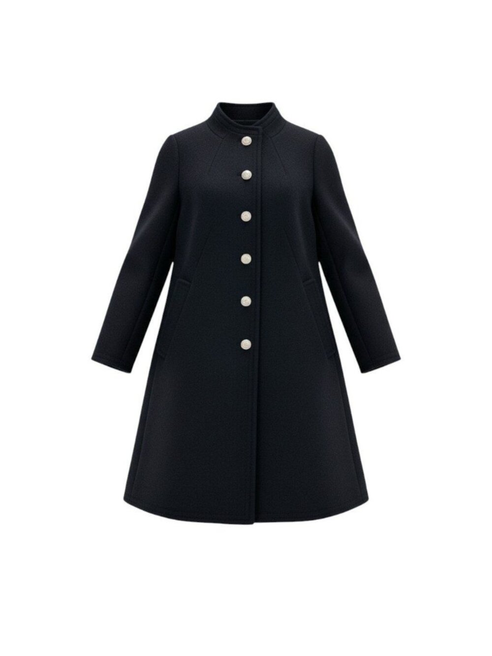 Celine Wool Long Coat Stand Collar Emblem Button Black 38